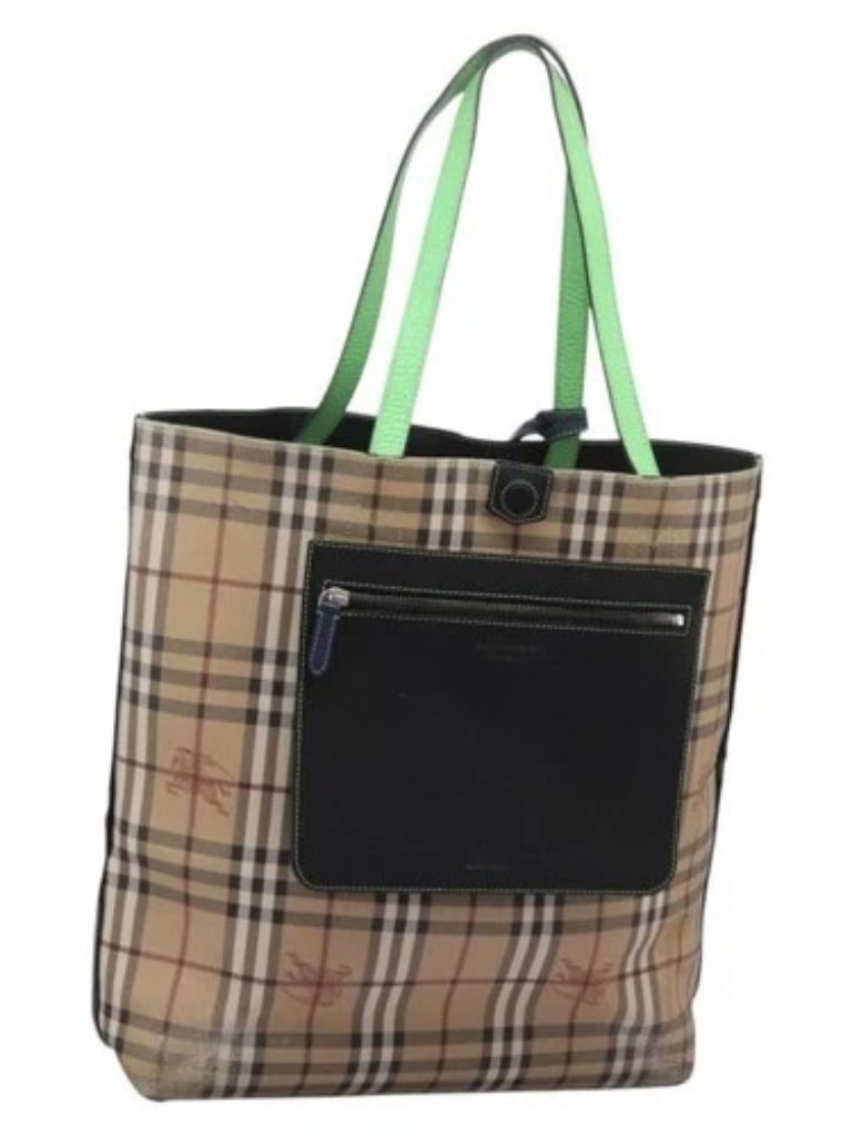 Burberry Nova Check Tote Bag Pvc Leather Beige Green Silver Auth Bd130